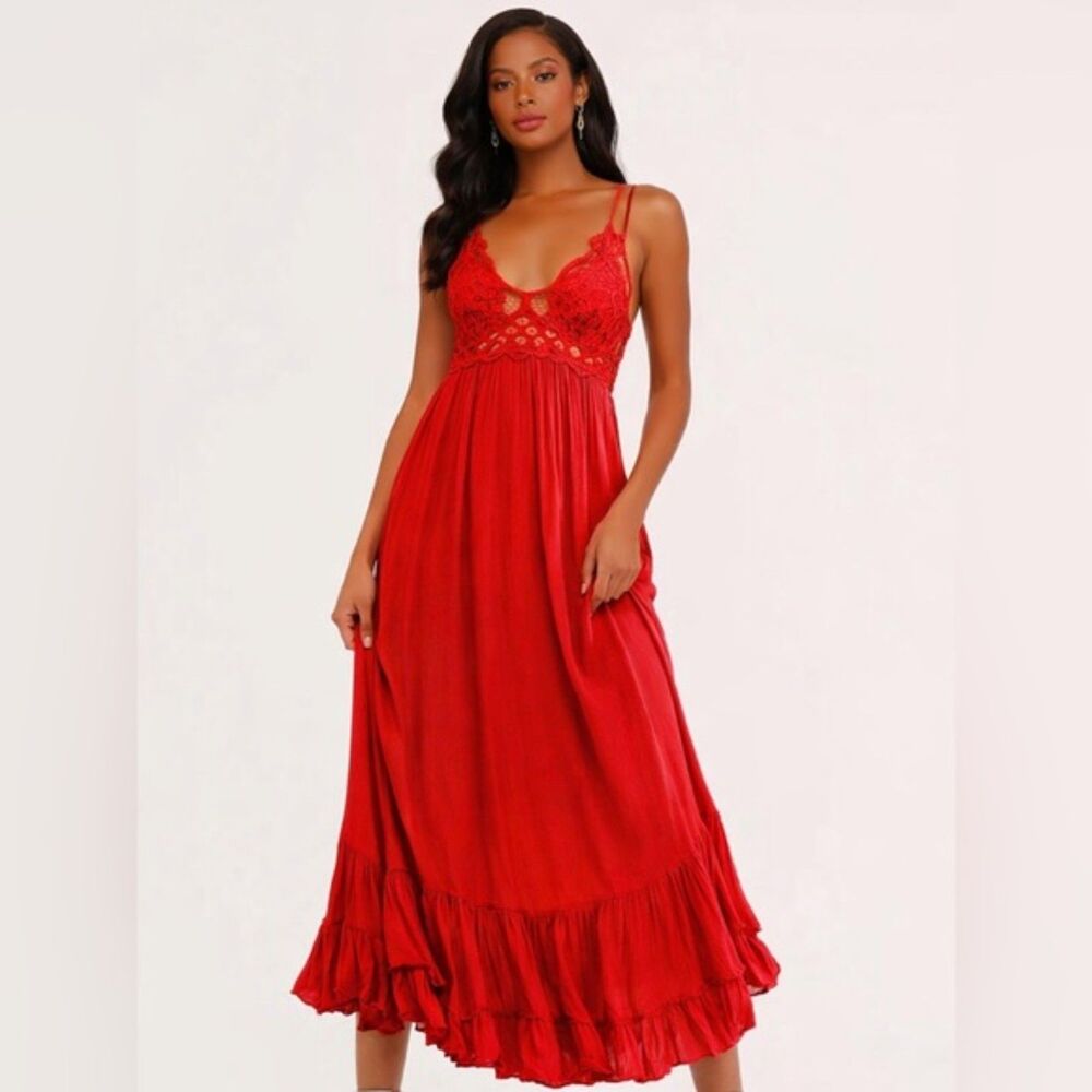 Free People Adella Maxi Slip Dress Bright Red Crochet Ruffle Strappy Size XS